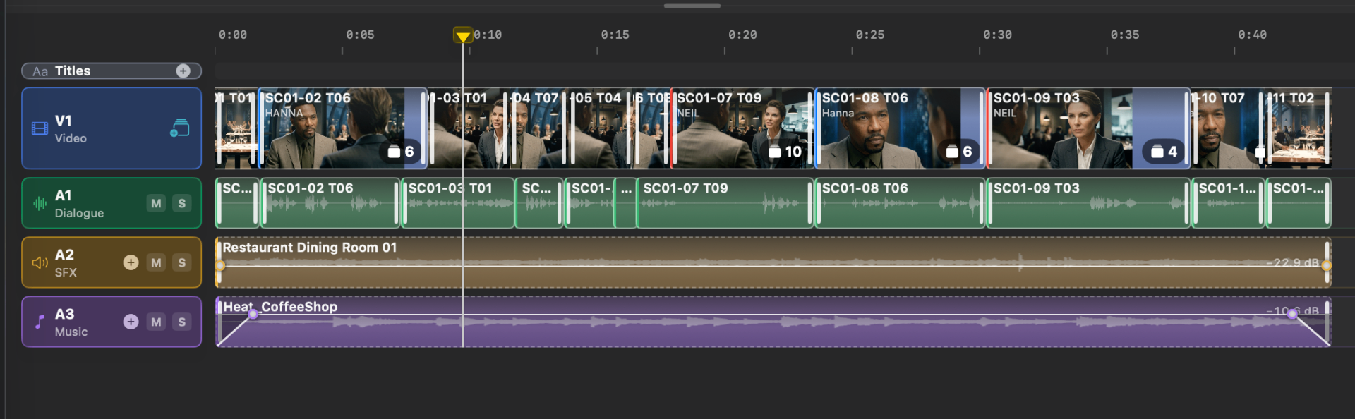 Multi-track timeline with video, dialogue, SFX, and music