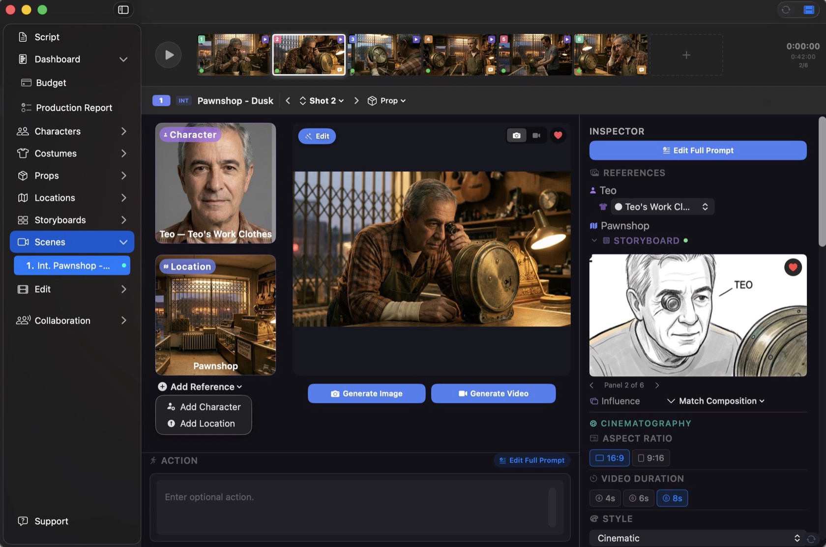 The Resonance shot composer on macOS: a scene sidebar, character and location references, a generated shot of a watchmaker at his bench, a storyboard panel, and a cinematography inspector.