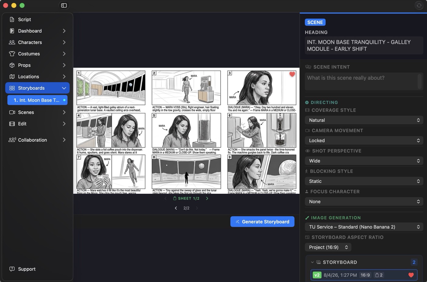 The Resonance storyboard view: a nine-panel coverage board for a moon-base scene, beside a directing panel for scene intent, coverage style, and camera movement.