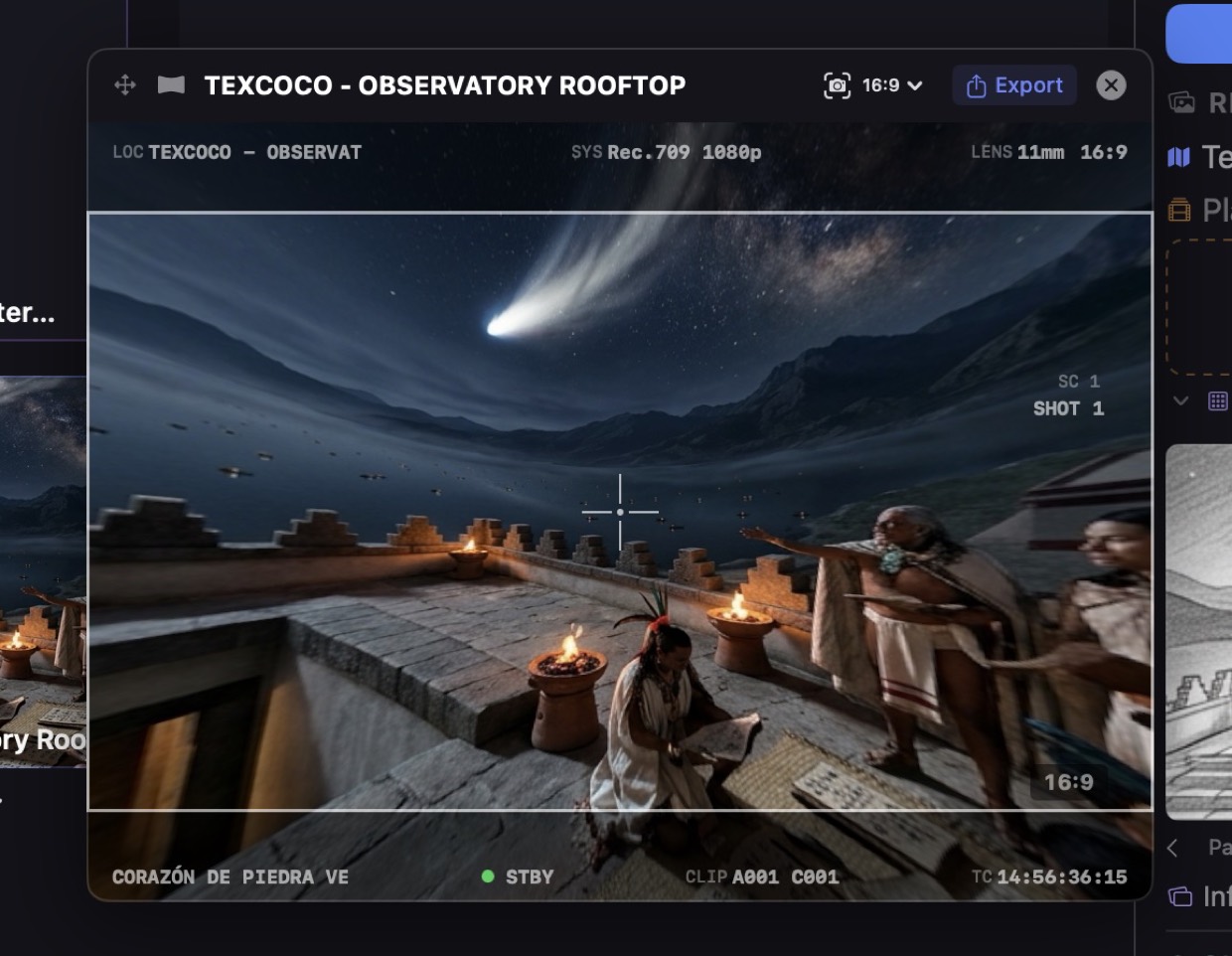The Resonance viewfinder: a framed shot of a comet over an observatory rooftop, with location, lens, and timecode readouts.